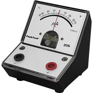 A mechanical device containing two electrical connectors — one black, one red — and an analog readout dial.