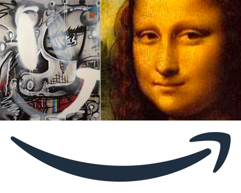 A grid compilation of three images: two side to side, one below. The top-left depicts a surrealist painting of a smiling face in a street-graffiti style. To its right is a cropped section of the Mona Lisa painting, showing the iconic face and smile. Beneath this, the wide-stretching Amazon.com smile.